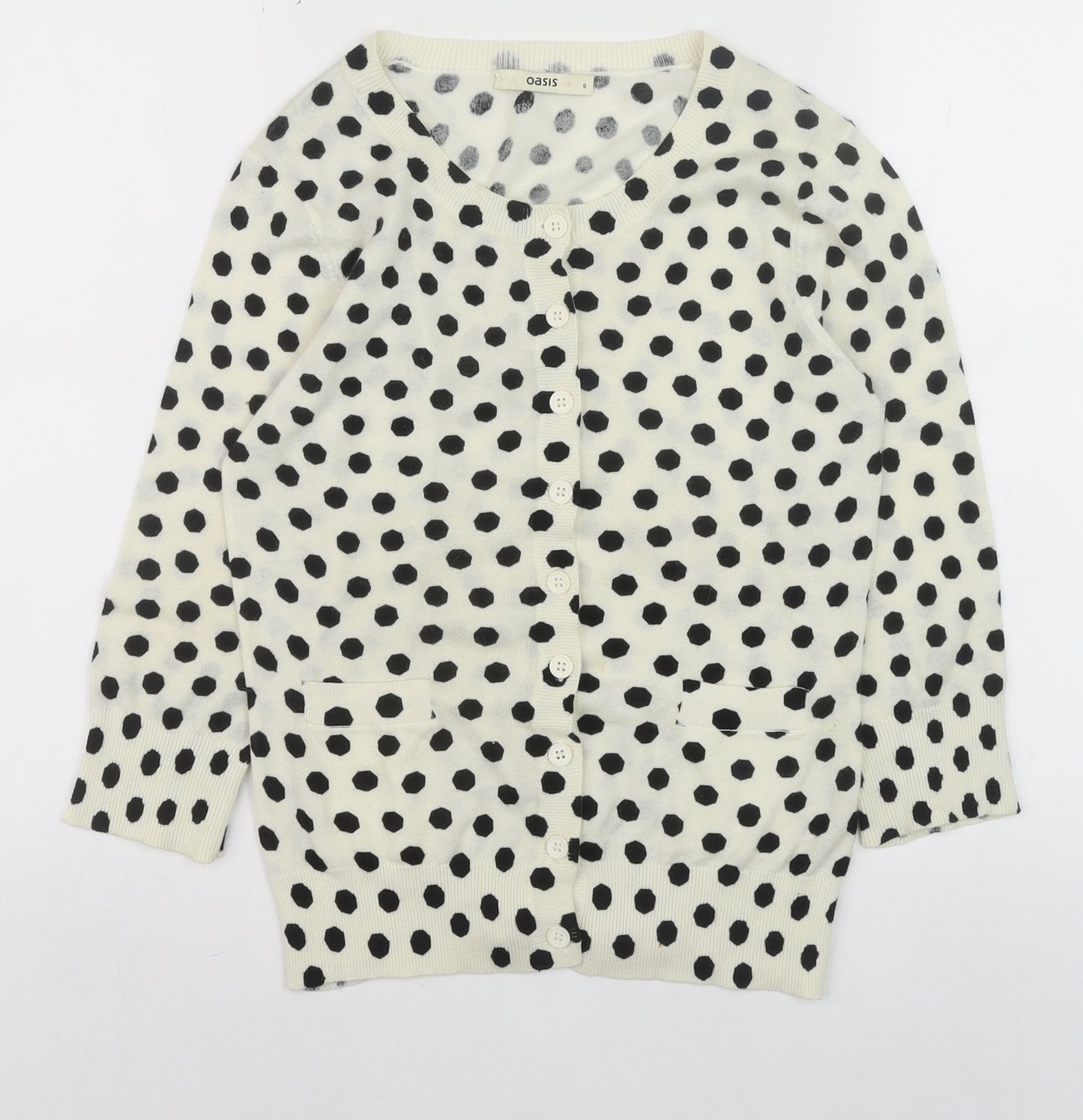 Oasis Women Ivory Black Polka Dot Cotton Cardigan Size S