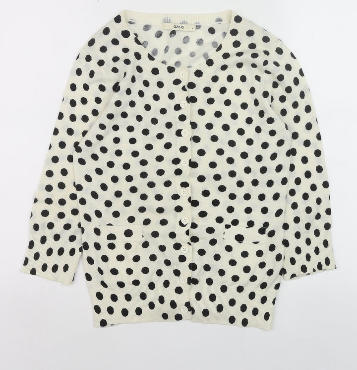 Oasis Women Ivory Black Polka Dot Cotton Cardigan Size S