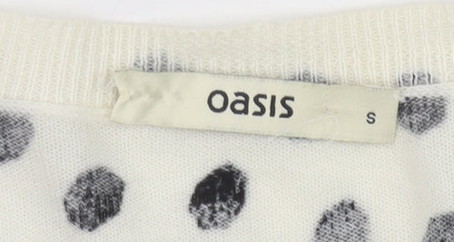 Oasis Women Ivory Black Polka Dot Cotton Cardigan Size S