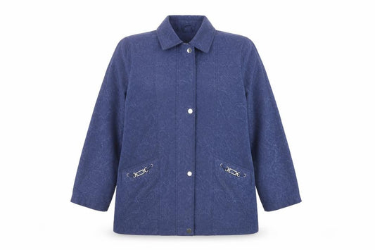 Front view of First Avenue Women Blue, size 12, Mid-Length Classic Collared Jacket