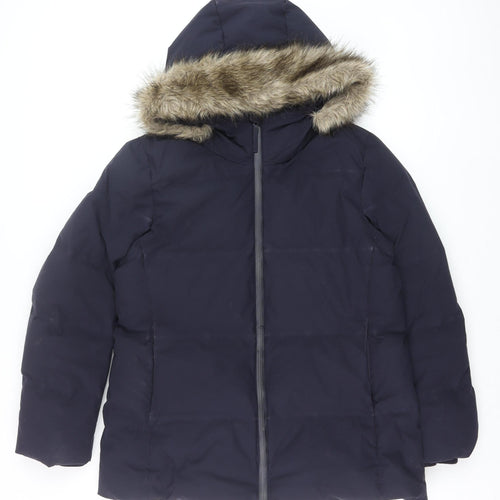 Uniqlo Men's Navy Hooded Puffer Jacket L Faux Fur Trim Windproof