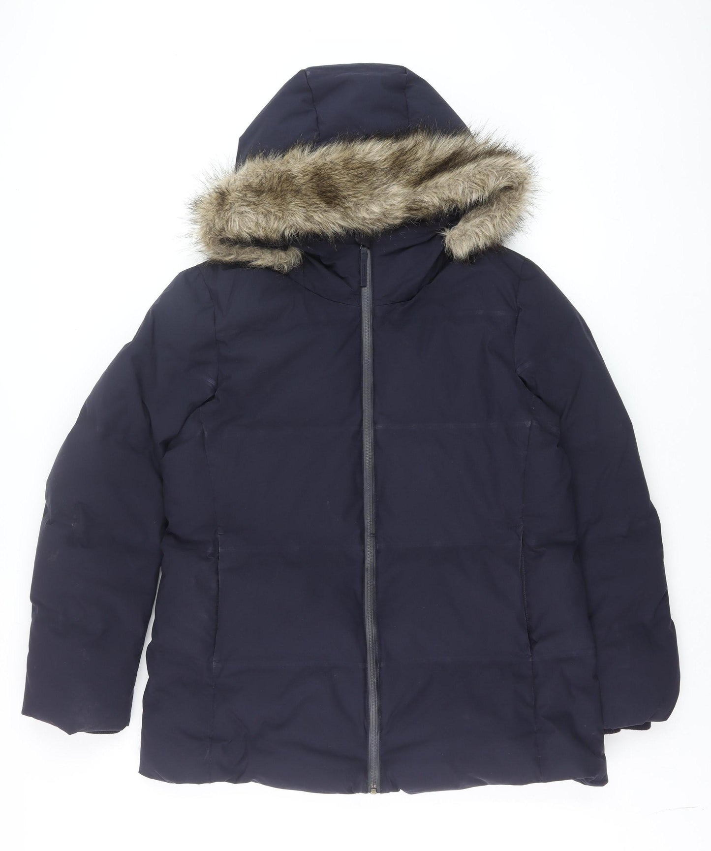 Uniqlo Men's Navy Hooded Puffer Jacket L Faux Fur Trim Windproof