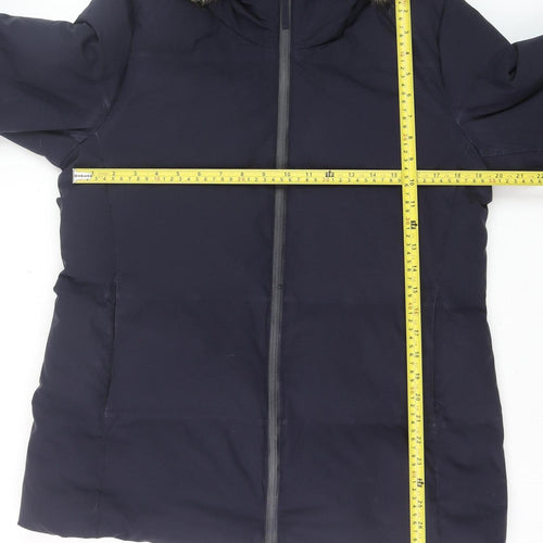 Uniqlo Men's Navy Hooded Puffer Jacket L Faux Fur Trim Windproof