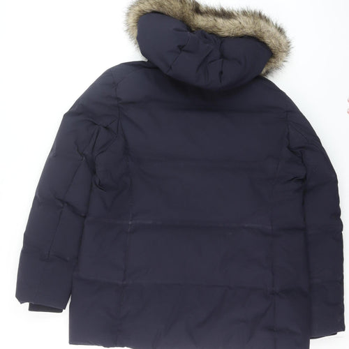 Uniqlo Men's Navy Hooded Puffer Jacket L Faux Fur Trim Windproof