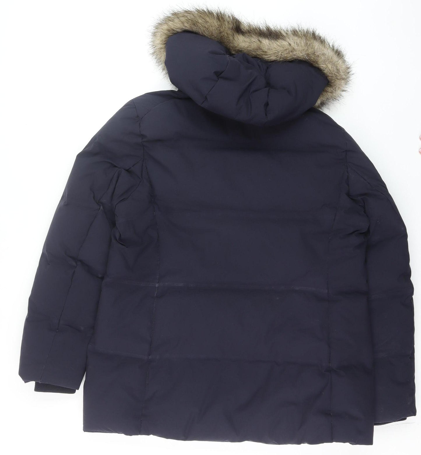 Uniqlo Men's Navy Hooded Puffer Jacket L Faux Fur Trim Windproof