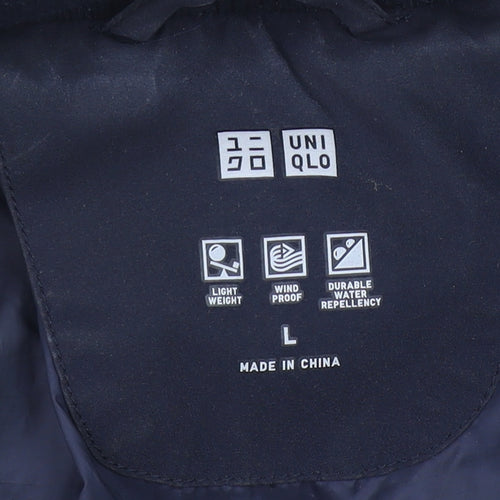 Uniqlo Men's Navy Hooded Puffer Jacket L Faux Fur Trim Windproof