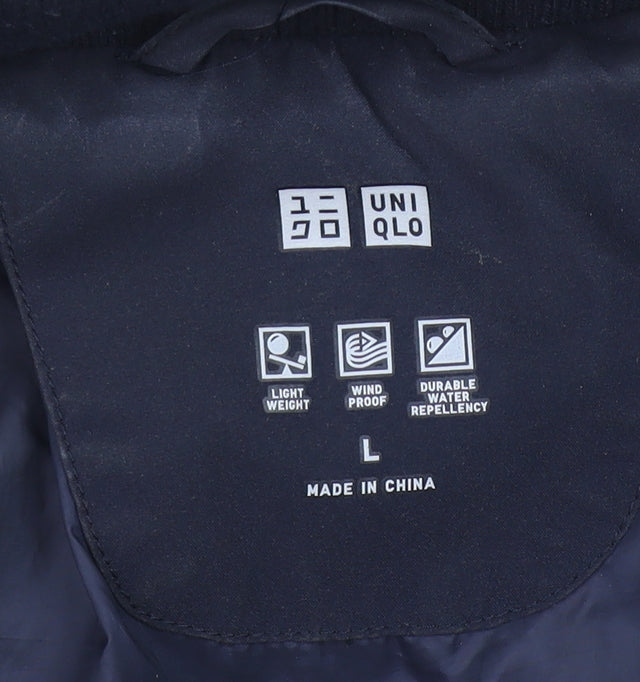 Uniqlo Men's Navy Hooded Puffer Jacket L Faux Fur Trim Windproof