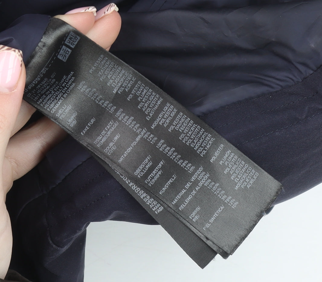 Uniqlo Men's Navy Hooded Puffer Jacket L Faux Fur Trim Windproof