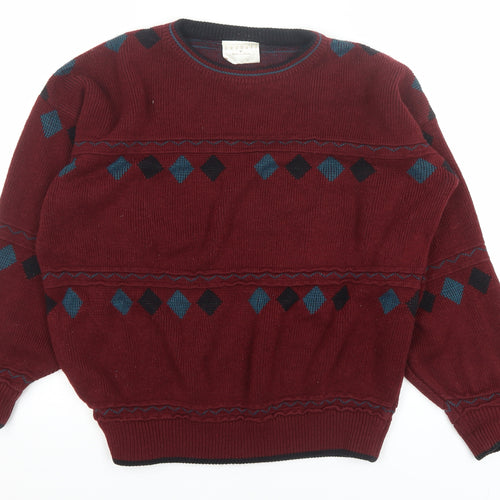 Casuals Men Red Argyle Knit Crew Neck Pullover Jumper M