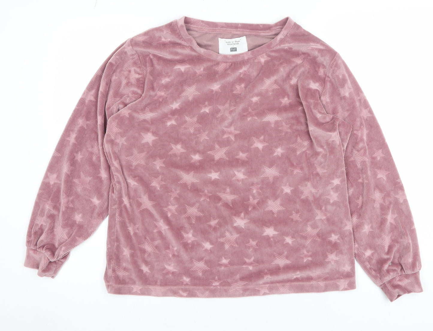 F&F Women Pink Velour Star Print Long Sleeve Pyjama Top Size 14