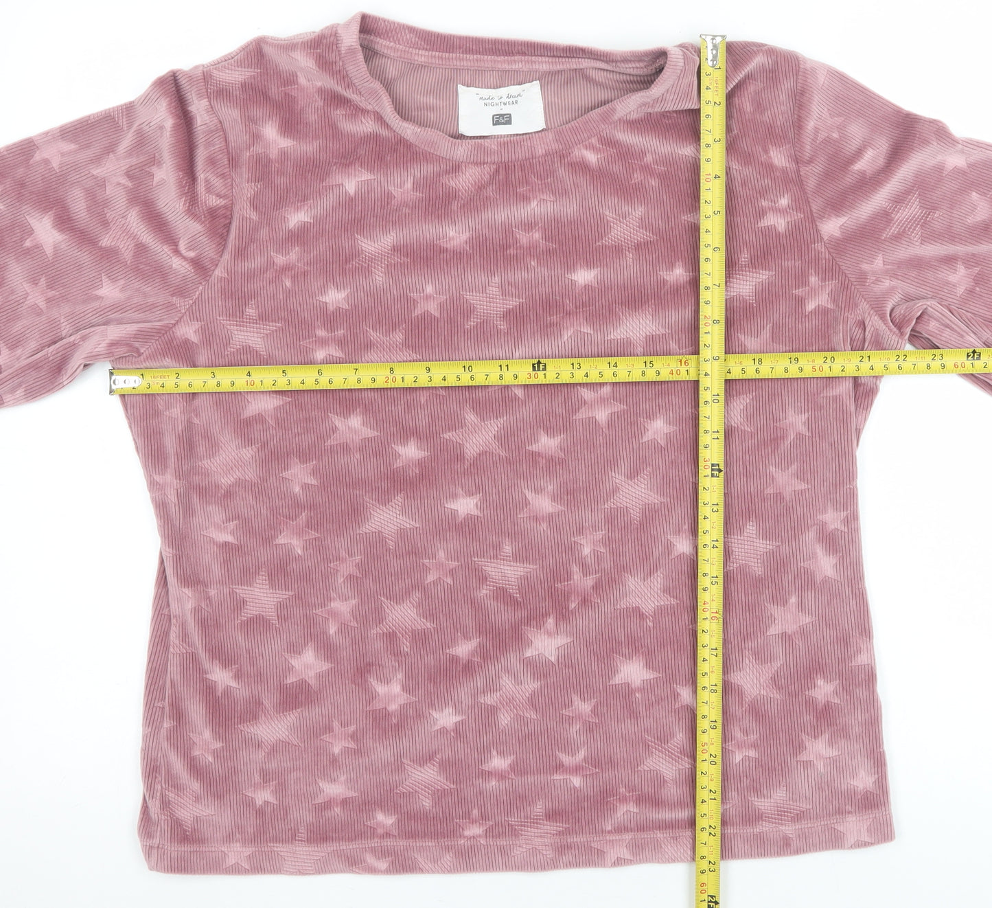 F&F Women Pink Velour Star Print Long Sleeve Pyjama Top Size 14