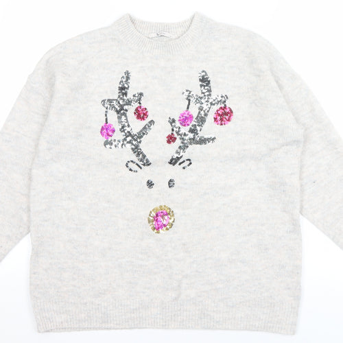 Tu Women Beige Sequin Reindeer Christmas Jumper Size 14