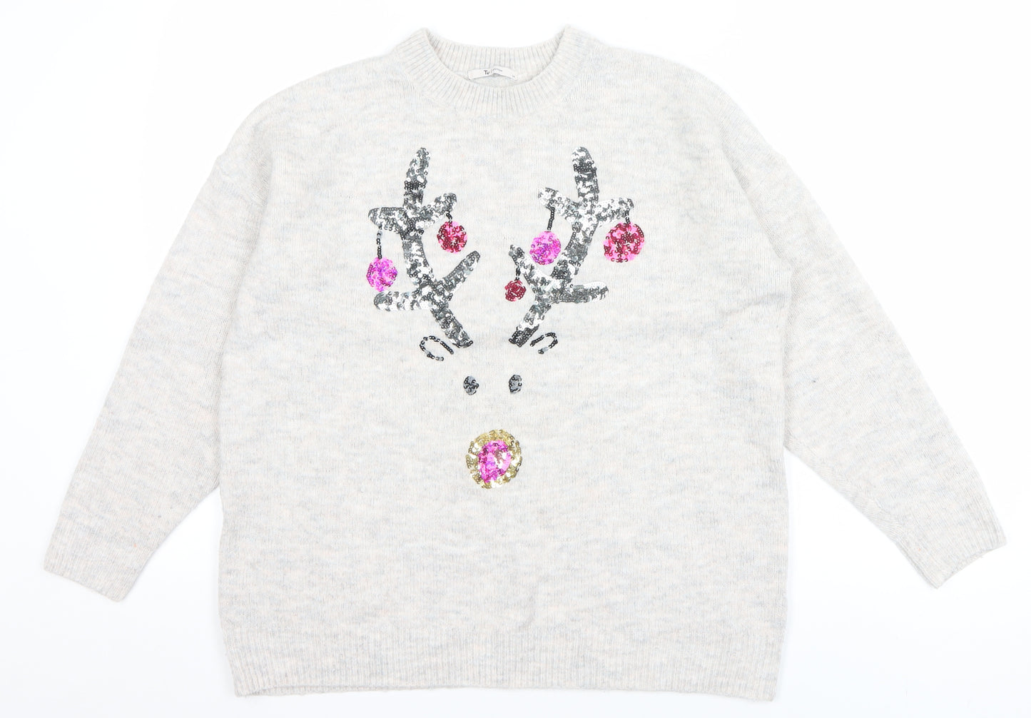 Tu Women Beige Sequin Reindeer Christmas Jumper Size 14