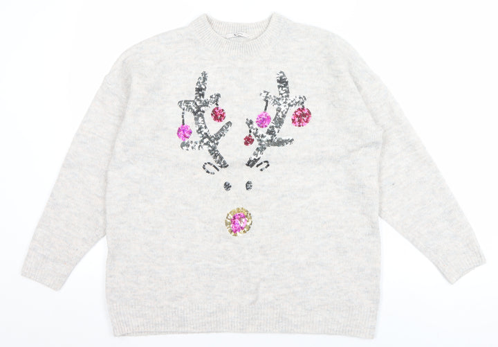 Tu Women Beige Sequin Reindeer Christmas Jumper Size 14