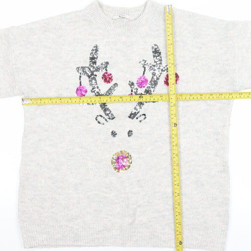 Tu Women Beige Sequin Reindeer Christmas Jumper Size 14
