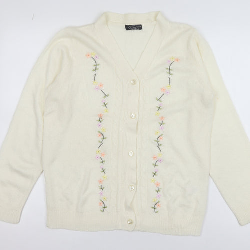 Bm Womens Ivory Floral Embroidered V-Neck Knit Cardigan Size S