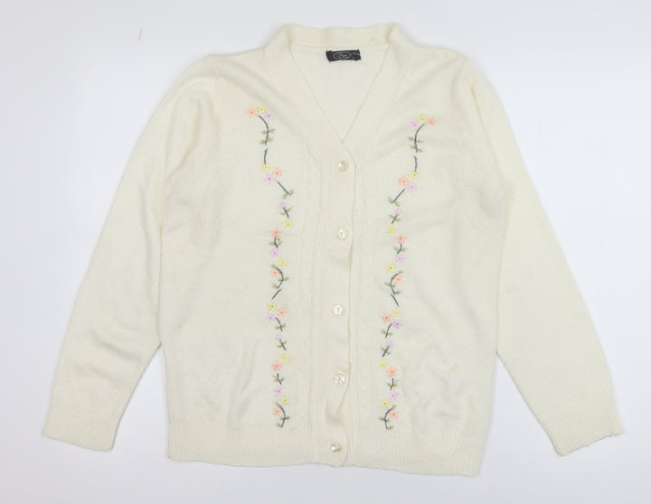 Bm Womens Ivory Floral Embroidered V-Neck Knit Cardigan Size S
