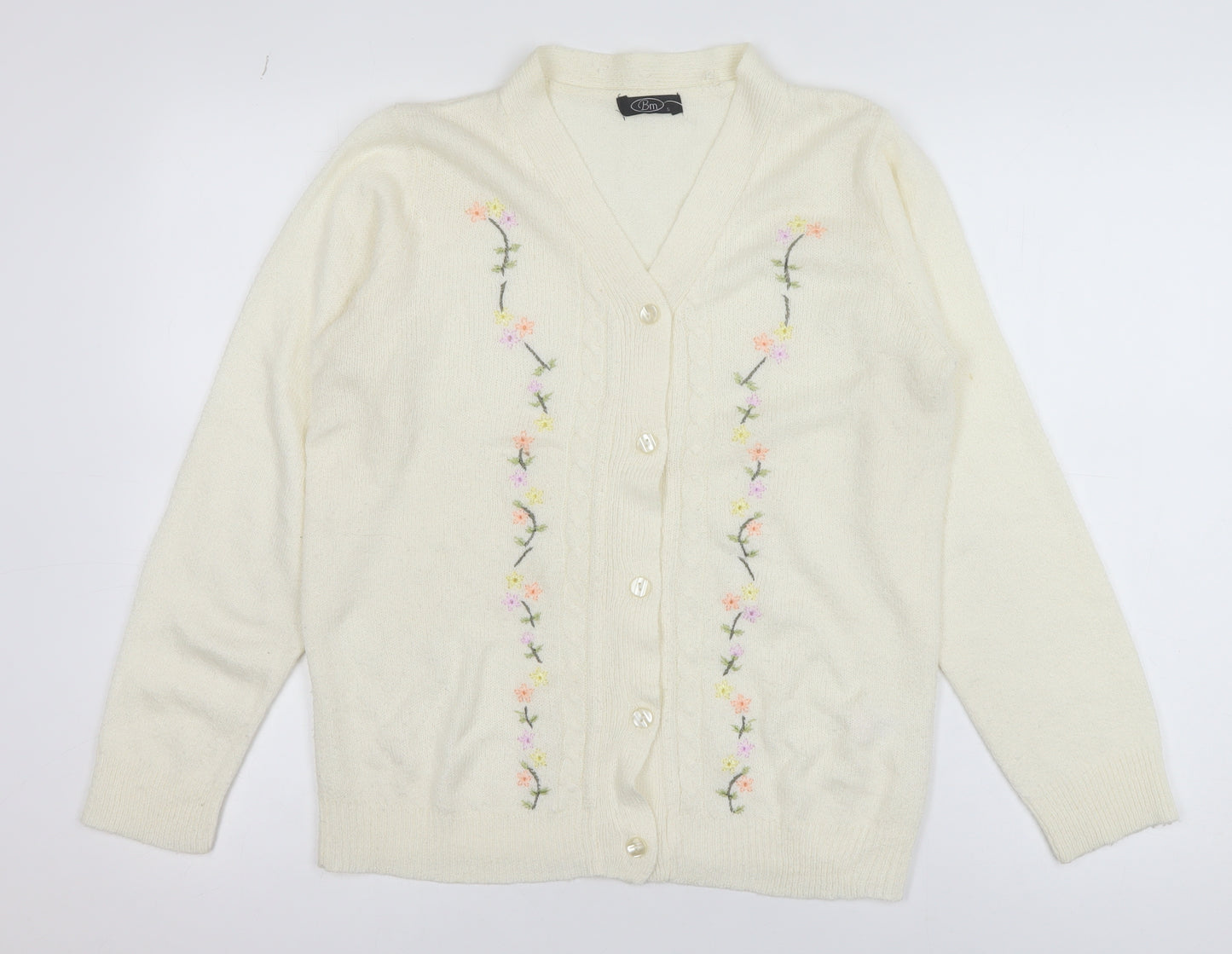 Bm Womens Ivory Floral Embroidered V-Neck Knit Cardigan Size S