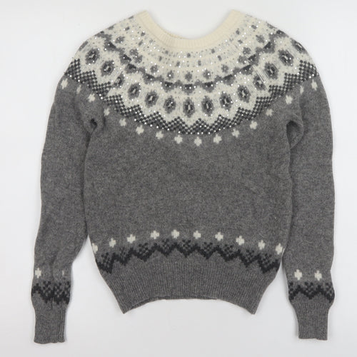 Jack Wills Womens Grey Fair Isle Sequin Crew Neck Wool Jumper Size 6