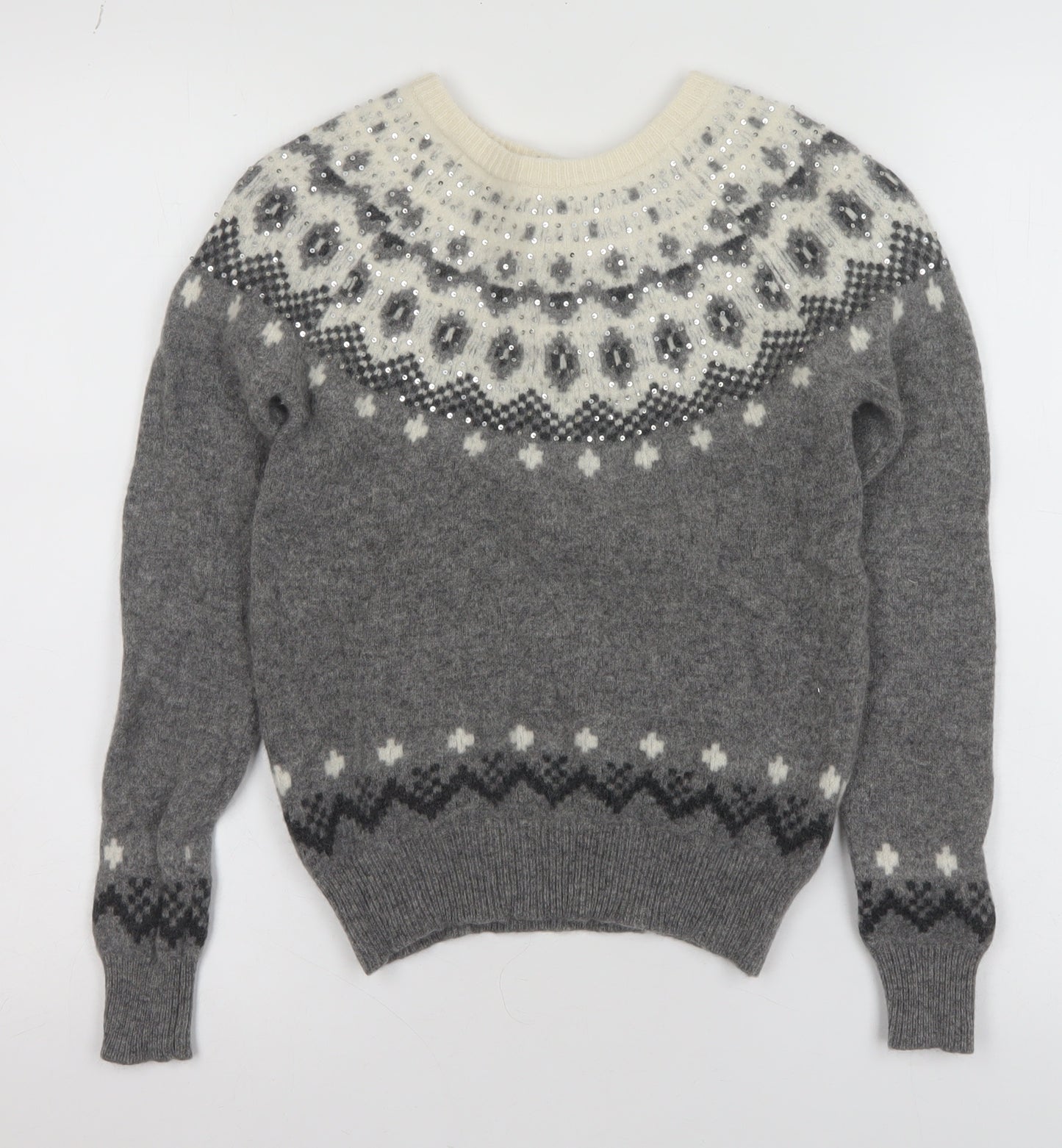 Jack Wills Womens Grey Fair Isle Sequin Crew Neck Wool Jumper Size 6