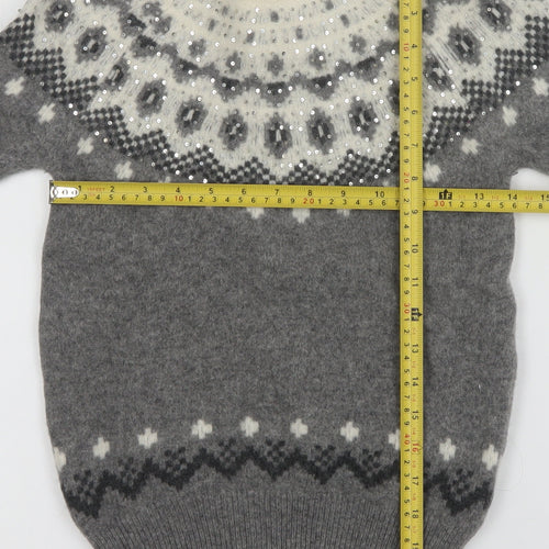 Jack Wills Womens Grey Fair Isle Sequin Crew Neck Wool Jumper Size 6