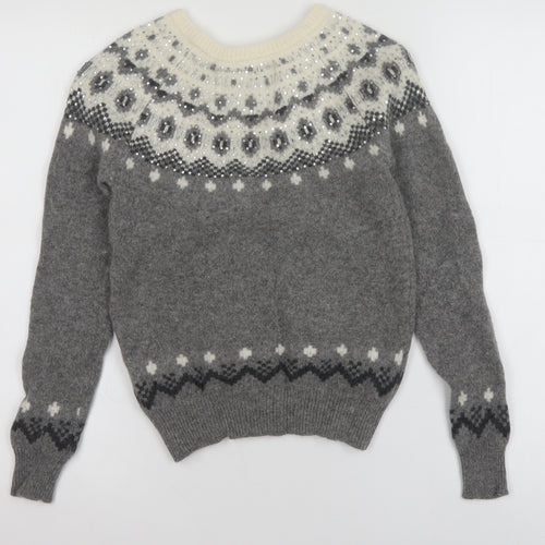 Jack Wills Womens Grey Fair Isle Sequin Crew Neck Wool Jumper Size 6