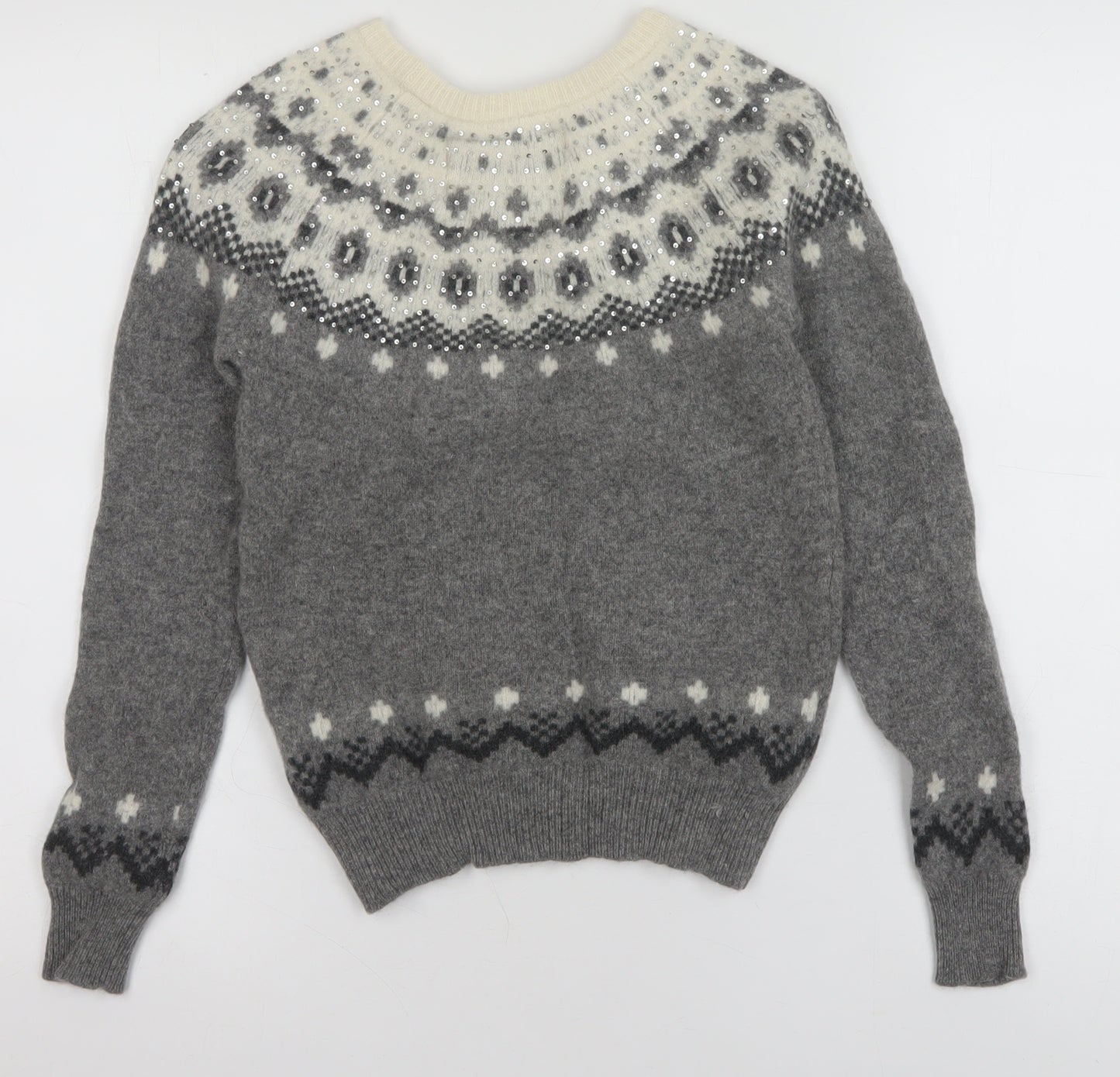 Jack Wills Womens Grey Fair Isle Sequin Crew Neck Wool Jumper Size 6