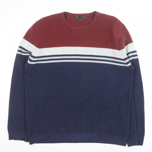 Marks and Spencer Men's Blue Striped Cotton Blend 2XL Crew Neck Jumper
