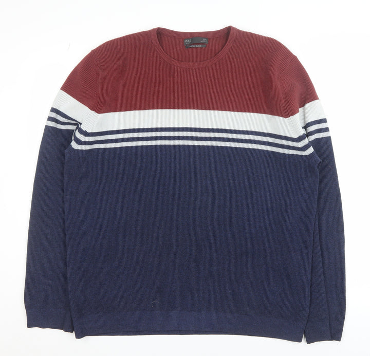 Marks and Spencer Men's Blue Striped Cotton Blend 2XL Crew Neck Jumper