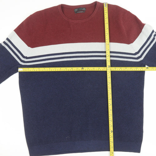 Marks and Spencer Men's Blue Striped Cotton Blend 2XL Crew Neck Jumper