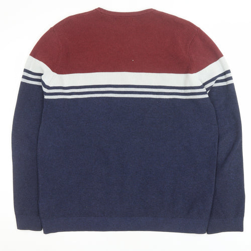 Marks and Spencer Men's Blue Striped Cotton Blend 2XL Crew Neck Jumper