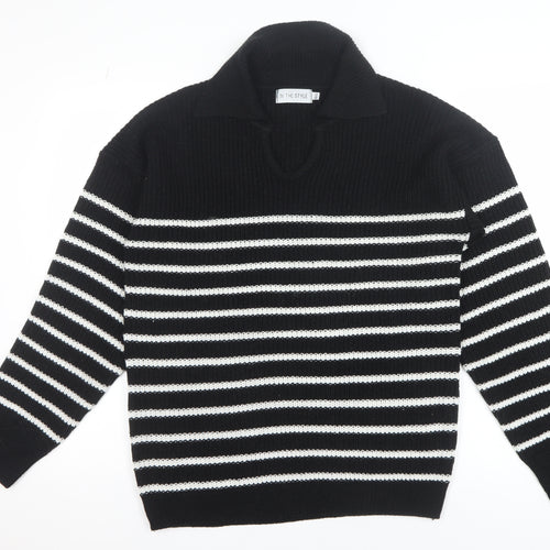 In The Style Womens Black Striped Collared Pullover Jumper Size 10/12
