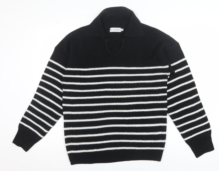 In The Style Womens Black Striped Collared Pullover Jumper Size 10/12