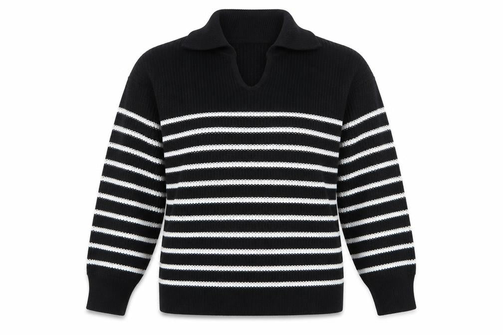 Front view of In The Style women’s black striped collared jumper, size UK 10/12