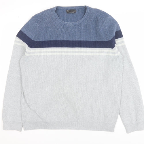 Marks and Spencer Men’s Grey XL Cotton Blend Striped Crew Neck Jumper