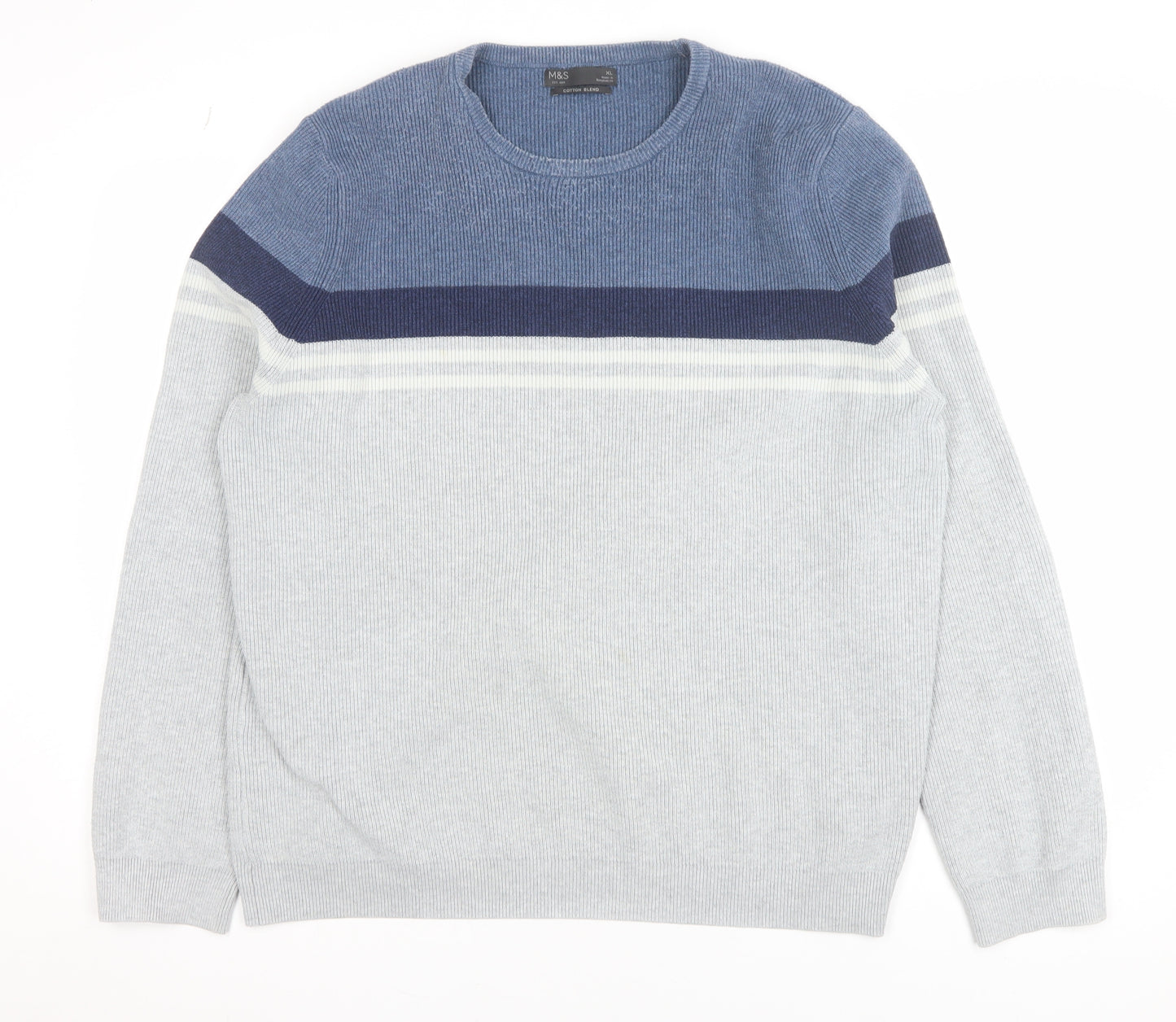 Marks and Spencer Men’s Grey XL Cotton Blend Striped Crew Neck Jumper
