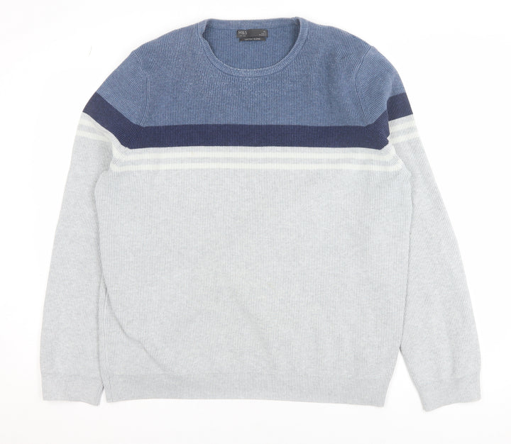 Marks and Spencer Men’s Grey XL Cotton Blend Striped Crew Neck Jumper