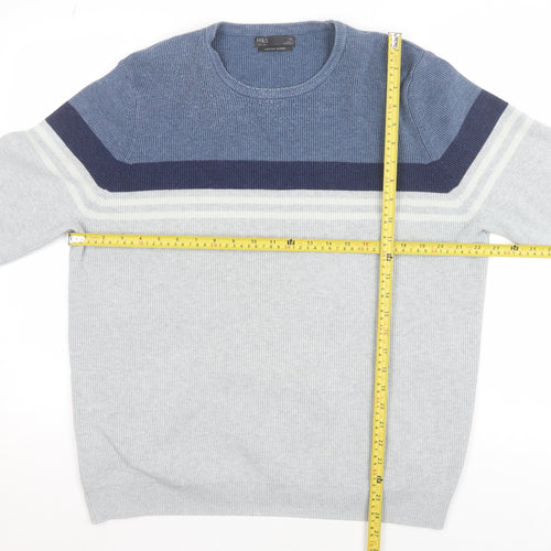 Marks and Spencer Men’s Grey XL Cotton Blend Striped Crew Neck Jumper