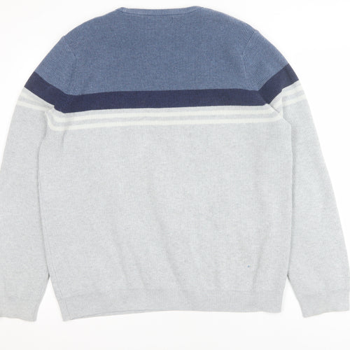 Marks and Spencer Men’s Grey XL Cotton Blend Striped Crew Neck Jumper