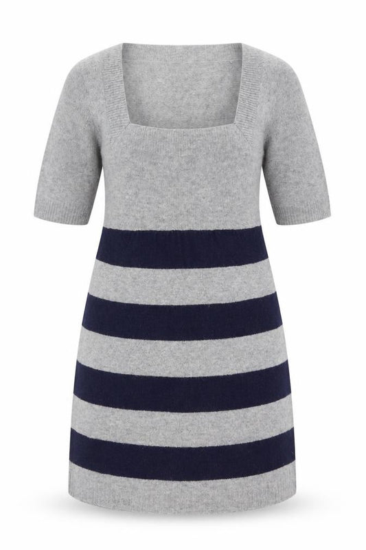 Front view of GANT Women’s Grey & Navy Striped Wool Blend Short Sleeve Knee Dress, size S