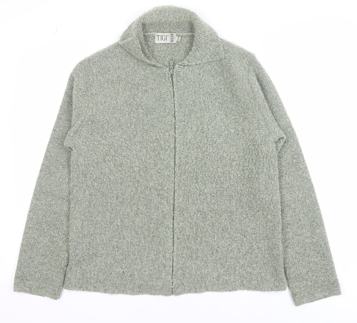 TIGI Wear Women's Grey Full Zip Knit Jumper Size 14 Collared Long Sleeve