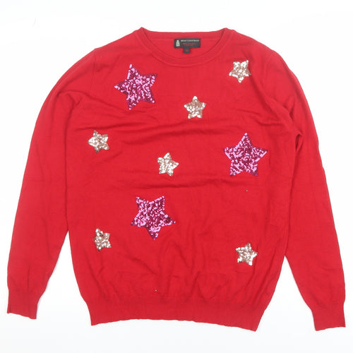Merry Christmas Women's Red Sequin Star Pullover Jumper Size M