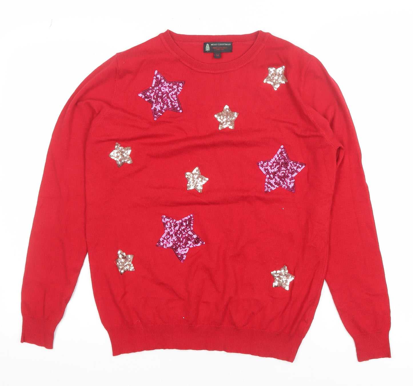 Merry Christmas Women's Red Sequin Star Pullover Jumper Size M