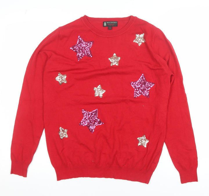 Merry Christmas Women's Red Sequin Star Pullover Jumper Size M