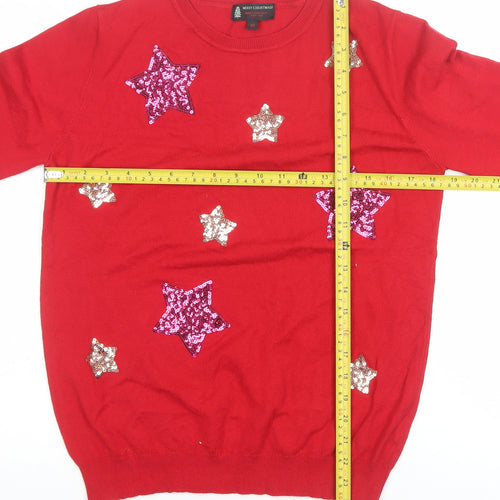 Merry Christmas Women's Red Sequin Star Pullover Jumper Size M