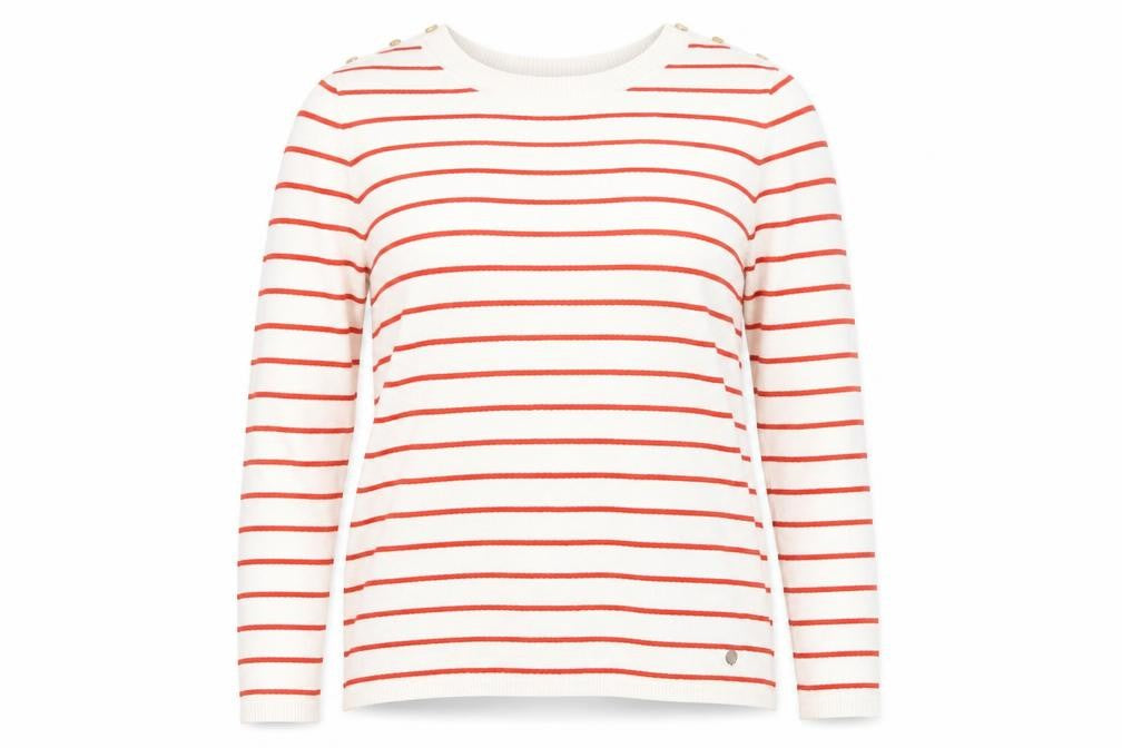 Front view of Nümph Women Ivory Red Striped Crew Neck jumper M