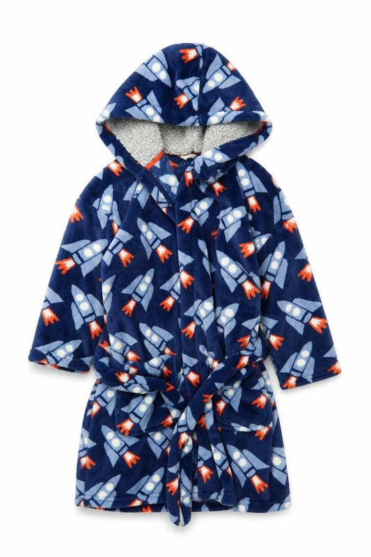 Marks and Spencer Boys Blue Fleece Space Rocket Hooded Robe 6-7 Years