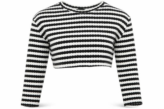 Front view of PRETTYLITTLETHING Women’s Black White Striped Knit Jumper, size UK 8