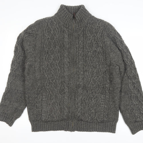 Boston Crew Men's Grey Full Zip Cable Knit Jumper L Warm Lined High Neck