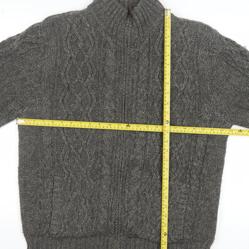 Boston Crew Men's Grey Full Zip Cable Knit Jumper L Warm Lined High Neck